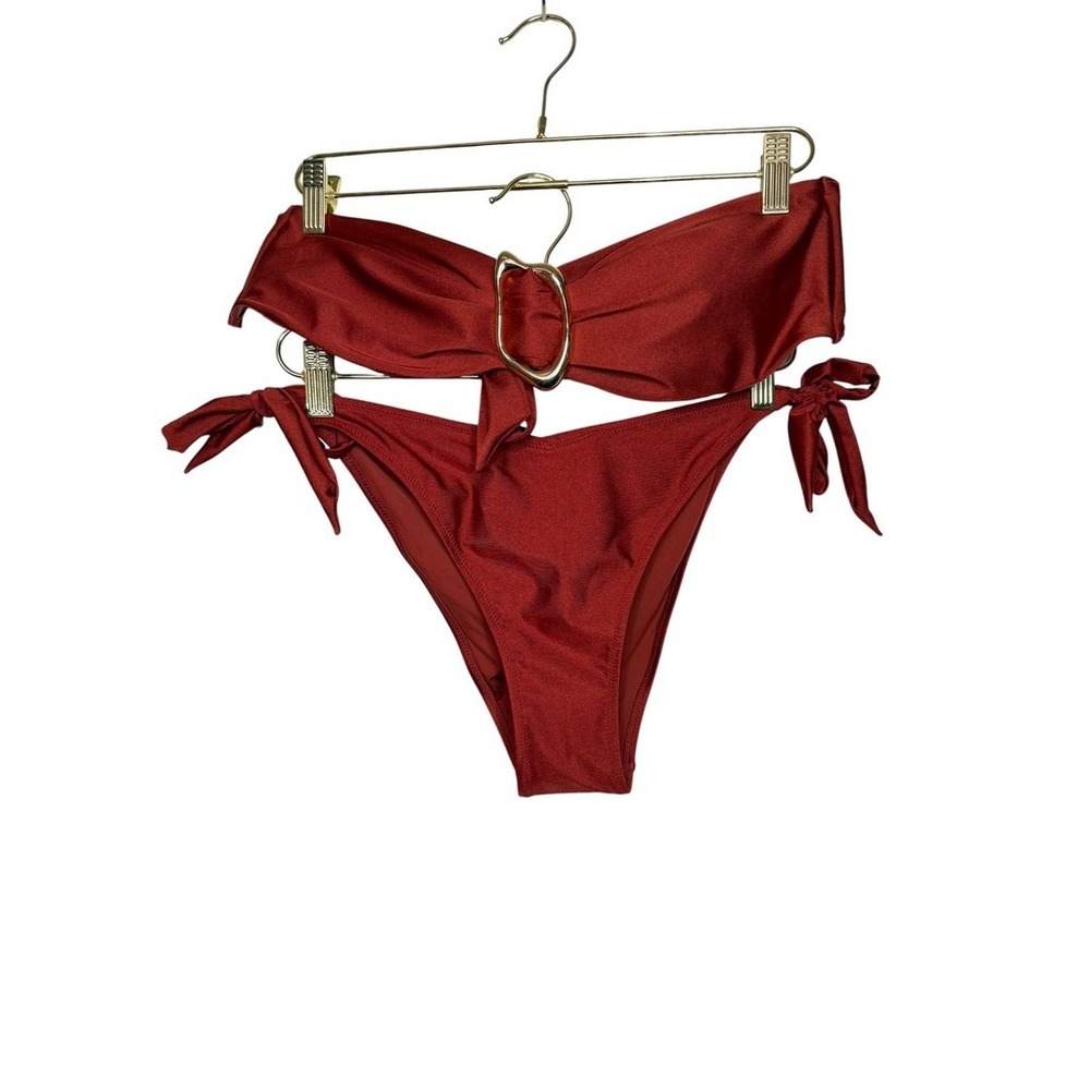 HM Rust Red Metallic Bandeau Bikini Set Gold Buckle Side Tie Large NEW Beach‎